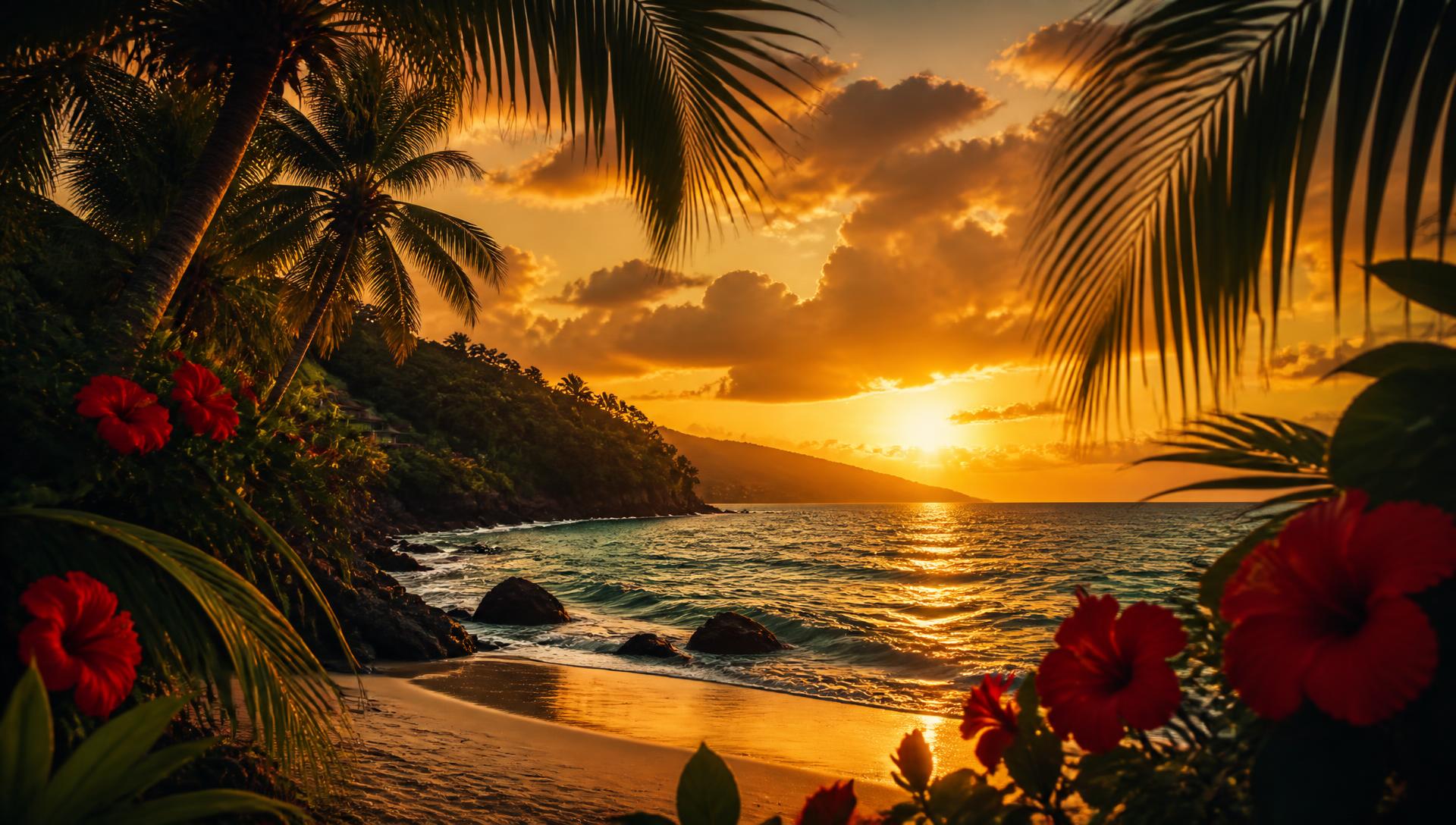 Caribbean sunset beach with palm trees and hibiscus flowers